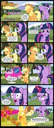 Size: 1000x2374 | Tagged: safe, artist:mlp-silver-quill, derpibooru import, applejack, twilight sparkle, twilight sparkle (alicorn), alicorn, earth pony, pony, angry, applejack truck, beam, big no, blast, cardboard cutout, cardboard twilight, comic, crying, duo, female, floppy ears, flying, frown, glare, gritted teeth, magic, magic beam, magic blast, mare, open mouth, pointing, raised hoof, scrunchy face, shocked, spread wings, truck, twilight is not amused, wide eyes