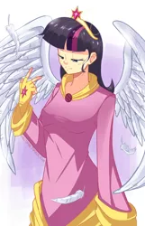 Size: 900x1400 | Tagged: artist:sallymon, big crown thingy, clothes, derpibooru import, element of magic, feather, fingerless gloves, gloves, human, humanized, safe, twilight sparkle, twilight sparkle (alicorn), winged humanization