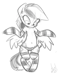 Size: 647x800 | Tagged: suggestive, artist:atryl, derpibooru import, rainbow dash, pony, belly button, bipedal, clothes, monochrome, panties, stockings, underwear