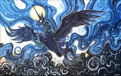 Size: 1351x850 | Tagged: armor, artist:kiriska, daily deviation, derpibooru import, epic, ethereal mane, flying, full moon, glowing eyes, moon, nightmare moon, open mouth, realistic, safe, sharp horn, solo, spread wings, traditional art