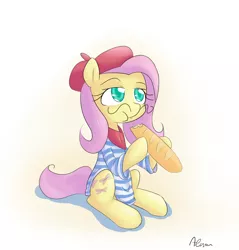 Size: 1050x1100 | Tagged: artist:alasou, baguette, bread, clothes, derpibooru import, eating, facial hair, female, fluttershy, food, french, hat, mare, moustache, safe, scarf, shirt, simple background, solo, stereotype