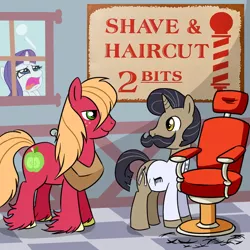Size: 640x640 | Tagged: safe, artist:justbrie101, artist:madmax, derpibooru import, edit, big macintosh, rarity, oc, earth pony, pony, barber, long hair, male, moustache, shave and a haircut, stallion, sweeney trott, unshorn fetlocks, why