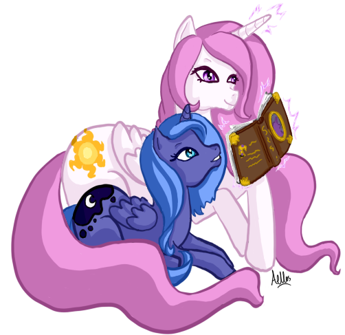 Size: 502x487 | Tagged: safe, artist:aellos, derpibooru import, princess celestia, princess luna, pony, book, reading, simple background, sisters, woona