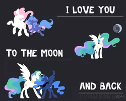 Size: 900x723 | Tagged: safe, artist:egophiliac, derpibooru import, princess celestia, princess luna, alicorn, pony, black background, cewestia, cute, cutie mark, duo, ethereal mane, female, filly, filly celestia, filly luna, foal, hooves, horn, jewelry, lineless, mare, mare in the moon, minimalist, moon, open mouth, raised hoof, regalia, royal sisters, siblings, simple background, sisters, spread wings, sweet dreams fuel, text, tiara, wholesome, wings, woona, younger
