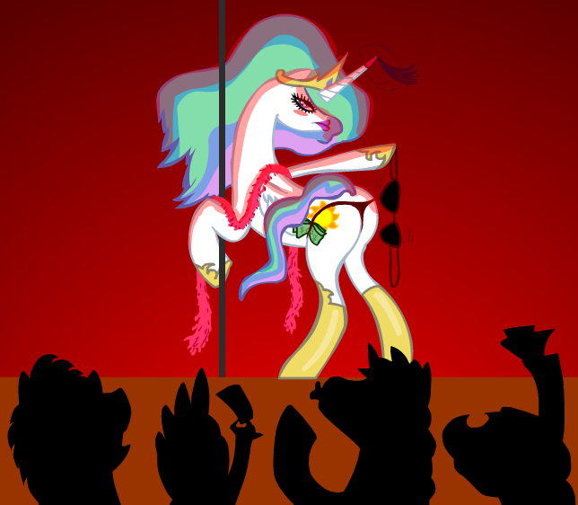 Size: 644x562 | Tagged: artist needed, bra, clothes, derpibooru import, lipstick, panties, pole dancing, princess celestia, stripper, stripper pole, suggestive, underwear