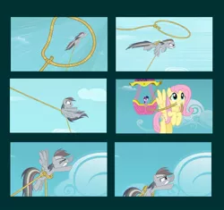 Size: 1000x939 | Tagged: cloud, derpibooru import, discorded, fluttershy, flying, hot air balloon, official, rainbow dash, rope, safe, sky, tied up, twilight sparkle, twinkling balloon, william bradford