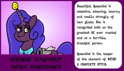 Size: 700x400 | Tagged: artist:catfood-mcfly, bio, derpibooru import, my little pony mark ii, oc, queengod ultraviolet swirly sparklepants, safe, solo, unofficial characters only, vulgar