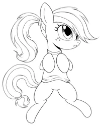 Size: 821x1000 | Tagged: safe, artist:kas92, artist:xn-d, derpibooru import, applejack, pony, alternate hairstyle, clothes, featureless crotch, female, lineart, mare, monochrome, on back, ponytail, scrunchy face, simple background, sketch, solo, sweater, white background