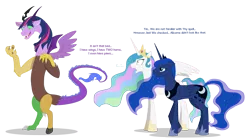 Size: 2000x1120 | Tagged: safe, artist:shadowolfozo, derpibooru import, princess celestia, princess luna, twilight sparkle, alicorn, draconequus, pony, magical mystery cure, bad end, bipedal, cloven hooves, colored sclera, dialogue, draconequified, ethereal mane, female, green sclera, mare, simple background, starry mane, transparent background, trio, twikonequus, what has magic done, xk-class end-of-the-world scenario