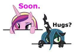 Size: 800x572 | Tagged: safe, derpibooru import, princess cadance, queen chrysalis, alicorn, changeling, changeling queen, pony, bedroom eyes, cute, cutealis, cutedance, duo, duo female, eyeshadow, female, hug, image macro, looking at you, peekaboo, peeking, simple background, soon, transparent background