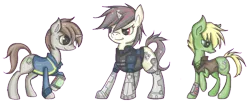 Size: 861x355 | Tagged: safe, artist:whispir, derpibooru import, oc, oc:blackjack, oc:littlepip, oc:murky, unofficial characters only, cyborg, pony, unicorn, fallout equestria, fallout equestria: murky number seven, fallout equestria: project horizons, fanfic, clothes, fanfic art, female, horn, male, mare, pipbuck, simple background, stallion, transparent background, vault suit