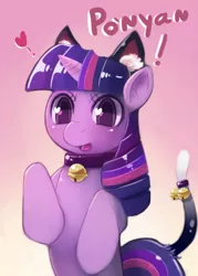 Size: 1250x1750 | Tagged: dead source, safe, artist:freedomthai, derpibooru import, twilight sparkle, pony, unicorn, behaving like a cat, bell, bell collar, cat ears, catgirl, collar, female, heart, mare, open mouth, solo, twilight cat