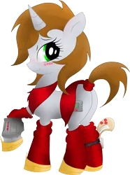 Size: 4398x5908 | Tagged: suggestive, artist:jetwave, derpibooru import, oc, oc:littlepip, unofficial characters only, pony, unicorn, fallout equestria, fanfic, absurd resolution, bedroom eyes, blushing, clothes, fanfic art, female, gun, handgun, hooves, horn, little macintosh, mare, pipbuck, plot, revolver, simple background, smiling, socks, solo, transparent background, weapon