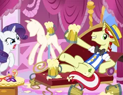 Size: 900x696 | Tagged: angry, apple cider, artist:pixelkitties, carousel boutique, cider, derpibooru import, fainting couch, flim, glare, grin, hoof hold, mannequin, open mouth, pixelkitties' brilliant autograph media artwork, rarity, safe, sam vincent, smiling