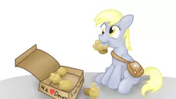 Size: 1366x768 | Tagged: safe, artist:041744, derpibooru import, derpy hooves, pegasus, pony, fan mail, female, mailbag, mare, muffin, solo