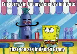 Size: 871x619 | Tagged: safe, derpibooru import, barely pony related, closet brony, image, jpeg, no weenies allowed, robot waiter, spongebob squarepants, spongebob squarepants (character), weenie hut jr