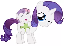 Size: 1500x1080 | Tagged: safe, artist:beavernator, derpibooru import, rarity, sweetie belle, pony, baby, baby belle, baby carrier, baby pony, cute, diasweetes, equestria's best big sister, filly, foal, one eye closed, raribetes, side carrying, sweet dreams fuel, weapons-grade cute, wink