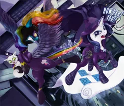 Size: 2500x2149 | Tagged: artist:miradge, clothes, costume, dead source, derpibooru import, dialogue, fight, glowing horn, latex, latex suit, mare do well, opalescence, rainbow dash, rarity, safe, shadowbolt dash, shadowbolts, shadowbolts costume, unmasked
