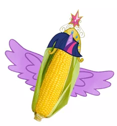 Size: 990x1057 | Tagged: a corn drama, acorn drama, alicorn drama, big crown thingy, corn, derpibooru import, element of magic, food, jewelry, pun, regalia, safe, simple background, solo, spread wings, twilight sparkle, twilight sparkle (alicorn), wat, white background