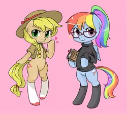 Size: 600x541 | Tagged: safe, artist:shepherd0821, derpibooru import, applejack, rainbow dash, pony, alternate hairstyle, bipedal, book, braid, clothes, egghead, glasses, rainbow dork, socks