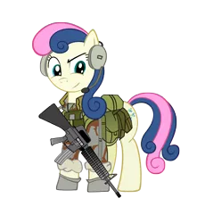 Size: 6000x6527 | Tagged: dead source, safe, artist:buckweiser, artist:thatsgrotesque, derpibooru import, bon bon, sweetie drops, earth pony, pony, absurd resolution, assault rifle, clothes, cutie mark, female, gun, headphones, hooves, m16, m16a2, mare, military, rifle, simple background, solo, transparent background, uniform, weapon