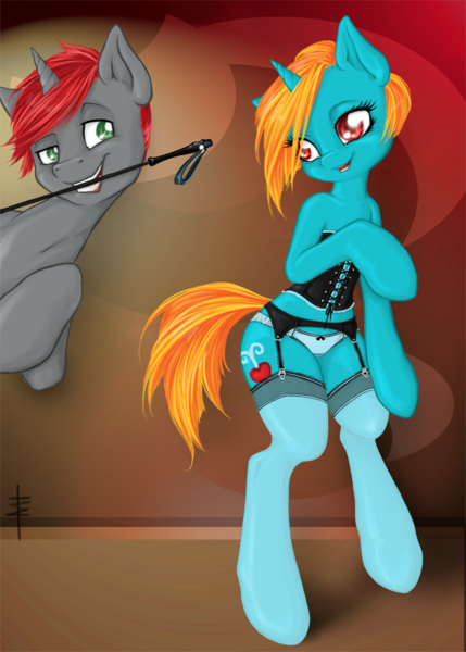 Size: 643x900 | Tagged: questionable, artist:tt-n, derpibooru import, oc, unofficial characters only, pony, semi-anthro, unicorn, clothes, commission, corset, female, garter belt, garters, implied bdsm, implied straight, looking at each other, male, mare, mouth hold, panties, ribbon, riding crop, stallion, stockings, thigh highs, underwear, whip