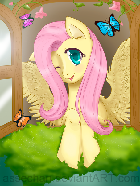 Size: 1145x1514 | Tagged: safe, artist:assechan, derpibooru import, fluttershy, butterfly, pegasus, pony, colored pupils, cute, ear fluff, female, flower, looking at you, mare, open mouth, shyabetes, smiling, solo, spread wings, window, wings, wink