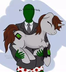 Size: 730x800 | Tagged: safe, artist:poorgenndy, derpibooru import, oc, oc:anon, oc:littlepip, unofficial characters only, human, pony, unicorn, fallout equestria, fanfic, boxers, clothes, english, eyes closed, floppy ears, frown, hand, holding a pony, image, jpeg, pipbuck, pipleg, russian, text, underwear