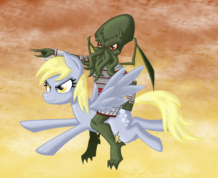 Size: 706x575 | Tagged: safe, artist:bloodywilliam, derpibooru import, derpy hooves, pegasus, pony, blonde mane, blonde tail, cthulhu, deity lord, female, flying, grey fur, image, jpeg, lovecraftian deity, mare, red eyes, riding, wings, yellow eyes