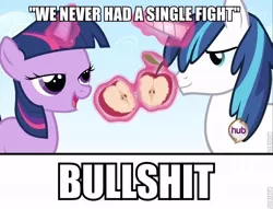 Size: 640x488 | Tagged: a canterlot wedding, apple, brother and sister, derpibooru import, duo, edit, edited screencap, female, filly, filly twilight sparkle, food, hub logo, image macro, male, roflbot, safe, screencap, shining armor, siblings, song reference, teenager, teen shining armor, text, twilight sparkle, vulgar, younger