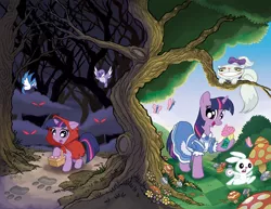 Size: 1000x771 | Tagged: alice in wonderland, angel bunny, artist:tonyfleecs, cheshire cat, clean, derpibooru import, idw, little red riding hood, mushroom, official, opalescence, parody, safe, twilight sparkle