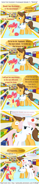 Size: 3178x14825 | Tagged: apple bloom, artist:ajmstudios, comic, derpibooru import, doctor horse, doctor stable, nurse redheart, pharmacy, safe, zombie