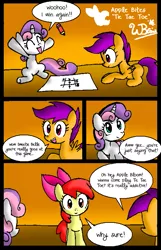 Size: 515x800 | Tagged: safe, artist:neoncabaret, derpibooru import, apple bloom, scootaloo, sweetie belle, earth pony, pegasus, pony, unicorn, comic:apple bites, comic, cutie mark crusaders, female, filly, tic tac toe