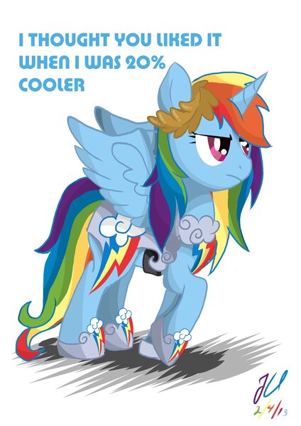 Size: 1024x1448 | Tagged: safe, artist:teammagix, derpibooru import, rainbow dash, alicorn, pony, alicornified, annoyed, race swap, rainbowcorn, solo