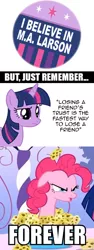 Size: 355x942 | Tagged: alicorn drama, button, derpibooru import, forever, i believe in m.a. larson, i believe in x, m.a. larson, pinkie pie, safe, twilight sparkle