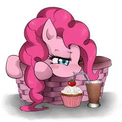 Size: 756x756 | Tagged: artist:d-tomoyo, basket, bendy straw, chocolate milk, cupcake, drink, drinking, drinking straw, pinkie pie, pony in a basket, safe, simple background, solo, straw, strawberry, transparent background