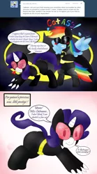 Size: 1390x2500 | Tagged: suggestive, artist:blackbewhite2k7, derpibooru import, rainbow dash, rarity, pony, unicorn, a touch of diamonds, batman, catwoman, comic, crossover, dat butt, female, filly, fiwwy rarity, lesbian, parody, plot, pun, raridash, shipping, speech impediment, stretching, sunglasses