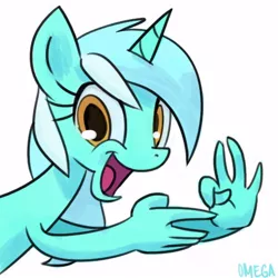 Size: 504x504 | Tagged: safe, artist:yikomega, derpibooru import, lyra heartstrings, pony, hand, looking at you, open mouth, silly, silly pony, simple background, smiling, solo, suddenly hands, thumb trick, white background