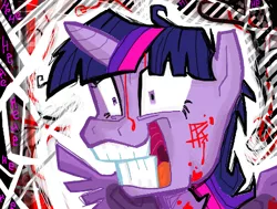 Size: 450x340 | Tagged: semi-grimdark, artist:pkelton, derpibooru import, twilight sparkle, twilight sparkle (alicorn), alicorn, pony, blood, damuro, female, grin, insanity, laughing, looking at you, mare, messy mane, mismatched eyes, smiling, solo, spread wings, twilight snapple, wide eyes, wings