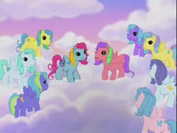 Size: 640x480 | Tagged: safe, derpibooru import, screencap, coconut grove, island delight, thistle whistle, cloud pony, pegasus, pony, friends are never far away, background pony, bubbles pony, cloud, cloudy, g3