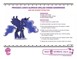 Size: 1209x934 | Tagged: safe, derpibooru import, princess luna, alicorn, cheese, food, glorious, glorious grilled cheese, grilled cheese, hubble, hub logo, image, instructions, meme origin, official, png, recipe, sandwich, simple hackground, solo, text, the hub