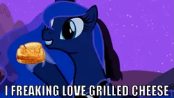 Size: 601x338 | Tagged: derpibooru import, edit, edited screencap, glorious grilled cheese, grilled cheese, image macro, luna eclipsed, princess luna, safe, sandwich, screencap, solo