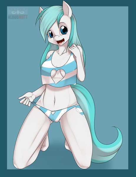 Size: 1280x1664 | Tagged: questionable, artist:kloudmutt, derpibooru import, oc, oc:chilly, unofficial characters only, anthro, earth pony, plantigrade anthro, barefoot, belly button, blue background, breasts, cleavage, clothes, feet, female, hand, happy, kneeling, mare, panties, simple background, sitting, smiling, solo, solo female, swimsuit, underwear