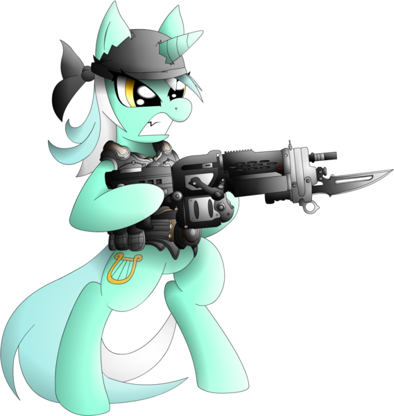 Size: 1325x1400 | Tagged: safe, artist:xeroseis, derpibooru import, lyra heartstrings, pony, unicorn, badass, bipedal, crossover, gears of war, gun, solo, weapon