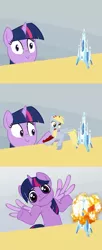 Size: 575x1412 | Tagged: safe, derpibooru import, derpy hooves, twilight sparkle, twilight sparkle (alicorn), alicorn, pony, alicorn drama, chocolate milk, comic, crystal empire, derpygate, digit street, exploitable meme, explosion, get, index get, looking at you, meme, parody, shrug, shrugpony, spilled milk