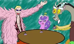 Size: 1000x600 | Tagged: safe, artist:noah garcia, derpibooru import, discord, screwball, pony, crossover, donquixote doflamingo, one piece, teacup