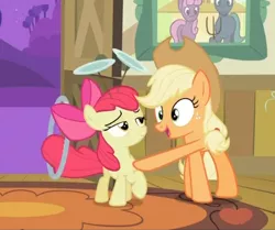 Size: 558x466 | Tagged: safe, derpibooru import, screencap, apple bloom, applejack, crab pony, earth pony, pony, the cutie pox, cutie pox, duo, female, filly, loop-de-hoop, mare, plate spinning, sisters