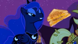 Size: 667x375 | Tagged: bedroom eyes, clothes, costume, derpibooru import, edit, edited screencap, glorious grilled cheese, grilled cheese, luna eclipsed, nightmare night costume, princess luna, safe, sandwich, scarecrow, screencap, solo focus