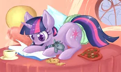 Size: 1024x612 | Tagged: artist:pearlie-pie, bed, book, candy, chocolate, coffee, cookie, derpibooru import, golden oaks library, pillow, reading, safe, smarty pants, twilight sparkle