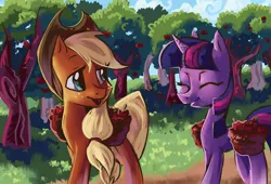 Size: 2200x1500 | Tagged: apple, applebucking, applejack, artist:my-magic-dream, derpibooru import, safe, sweet apple acres, twilight sparkle